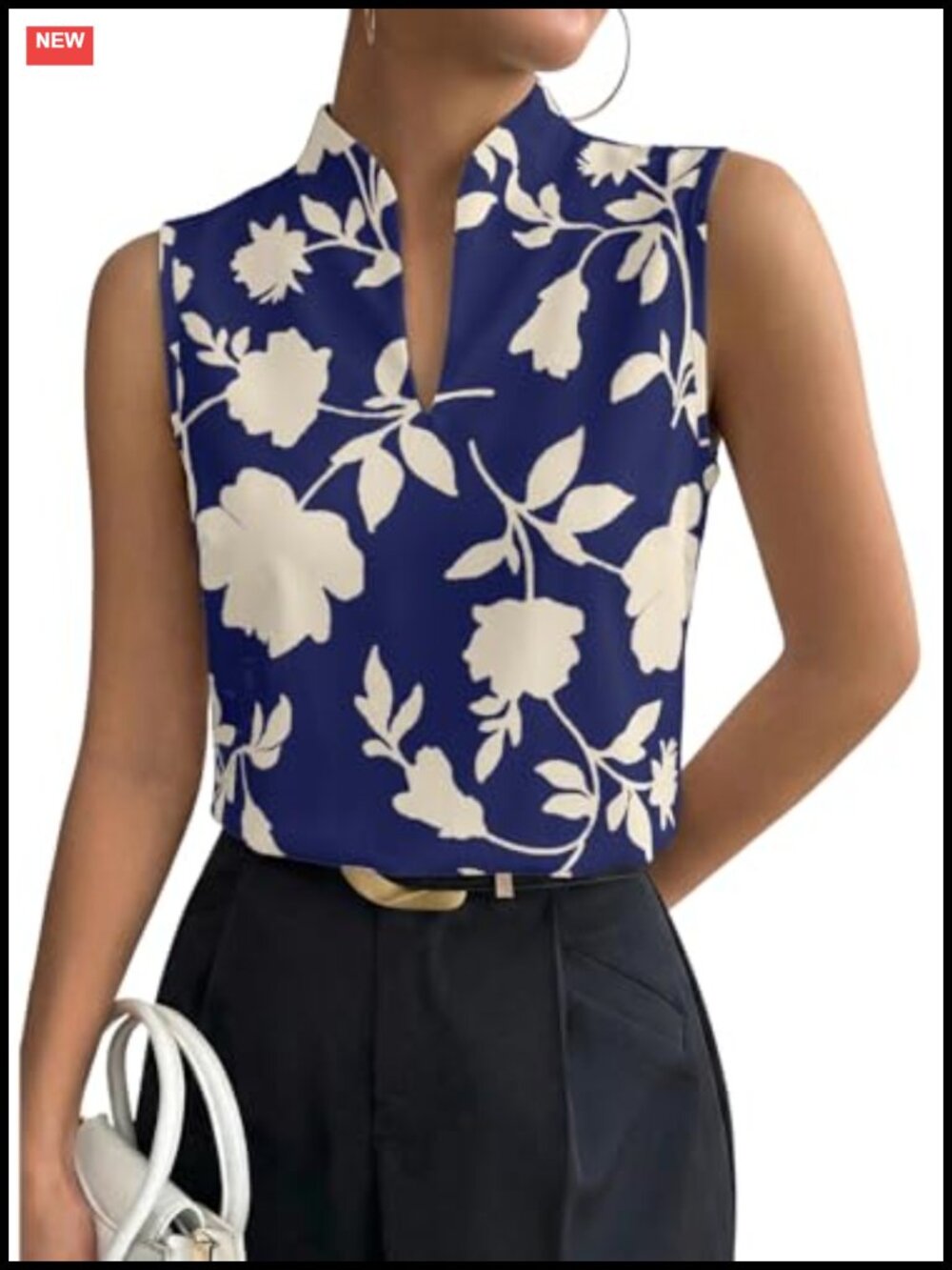 EVALESS Womens Floral Sleeveless Blouse V-Neck Business Casual Top